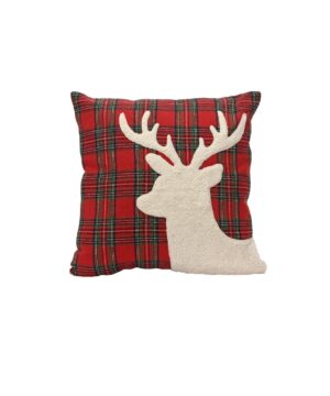 Μαξιλάρι καρό κόκκινο με γούνινο τάρανδο 45 Χ 45 cm