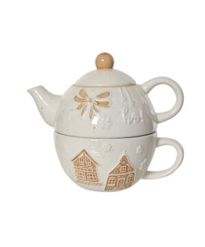 Τσαγιέρα με κούπα για καφέ ή τσάι λευκή με καφέ ανάγλυφα σχέδια